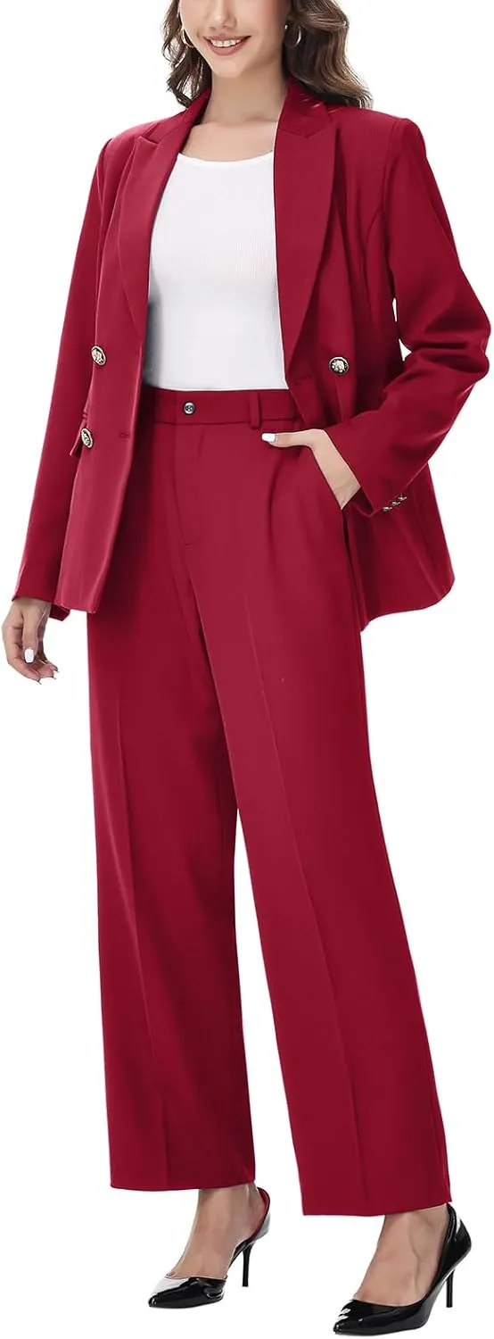 Lamgool Women's 2 Piece Set Double Breasted Blazer and Pants Suit Business Outfits for Work Office
