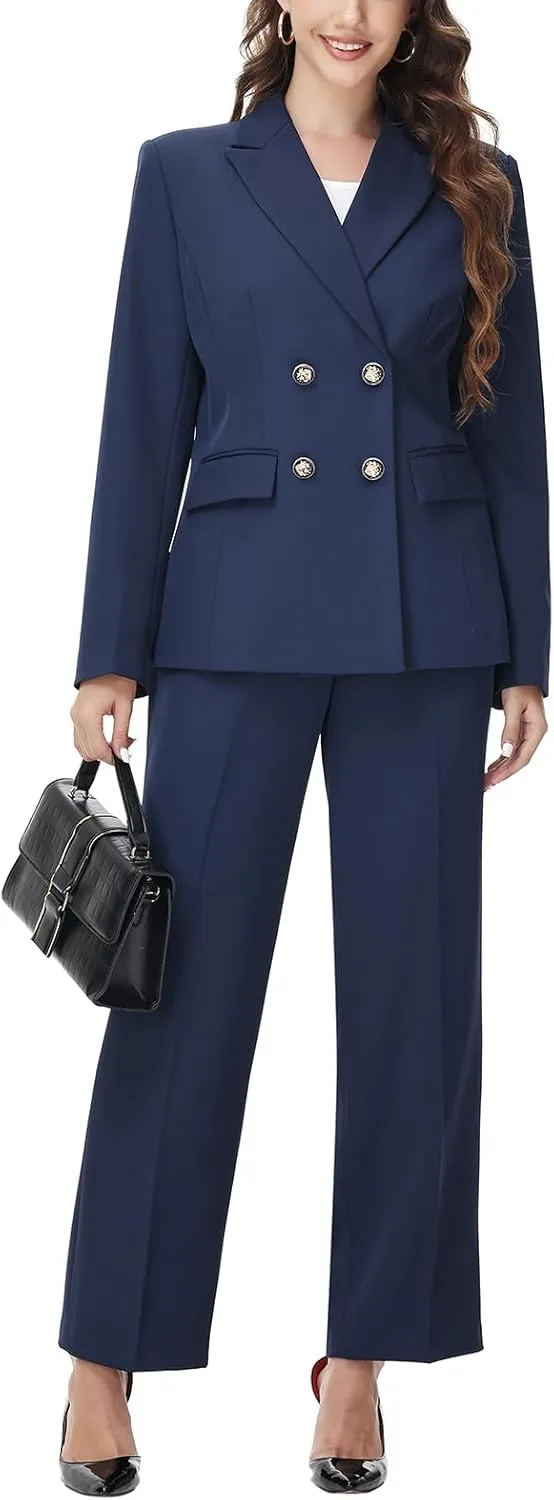 Lamgool Women's 2 Piece Set Double Breasted Blazer and Pants Suit Business Outfits for Work Office