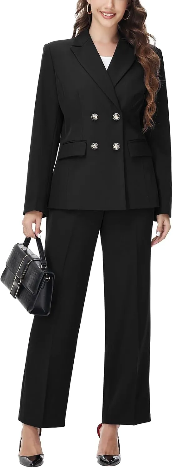 Lamgool Women's 2 Piece Set Double Breasted Blazer and Pants Suit Business Outfits for Work Office