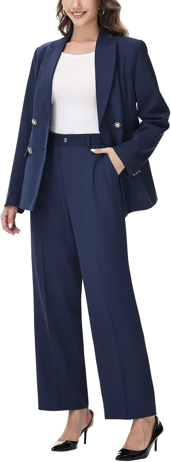 Lamgool Women's 2 Piece Set Double Breasted Blazer and Pants Suit Business Outfits for Work Office