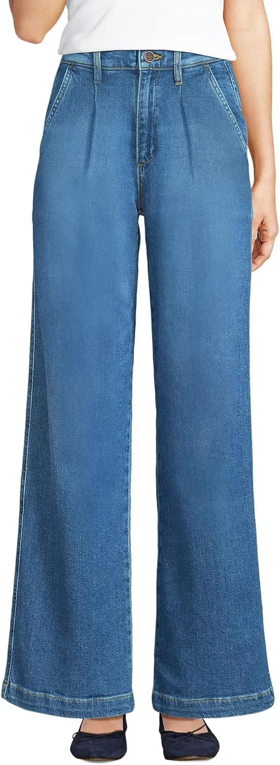Lands' End Women's High Rise Soft Denim Pleated Wide Leg Trousers
