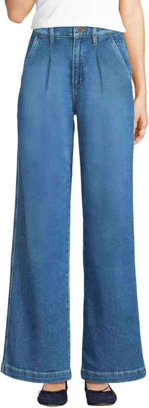 Lands' End Women's High Rise Soft Denim Pleated Wide Leg Trousers