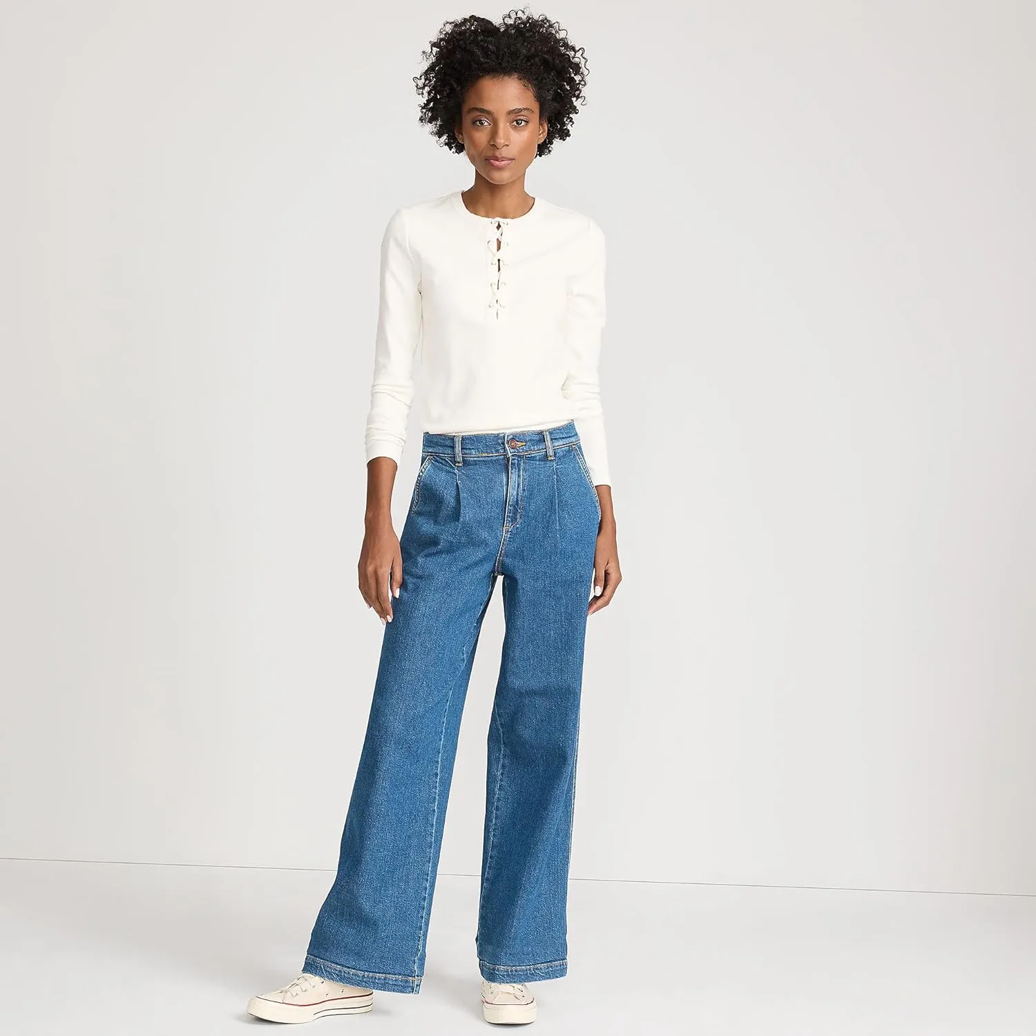 Lands' End Women's High Rise Soft Denim Pleated Wide Leg Trousers