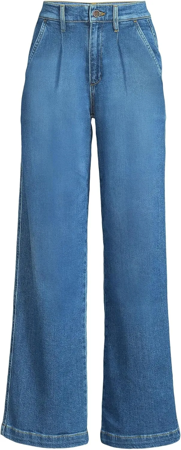 Lands' End Women's High Rise Soft Denim Pleated Wide Leg Trousers