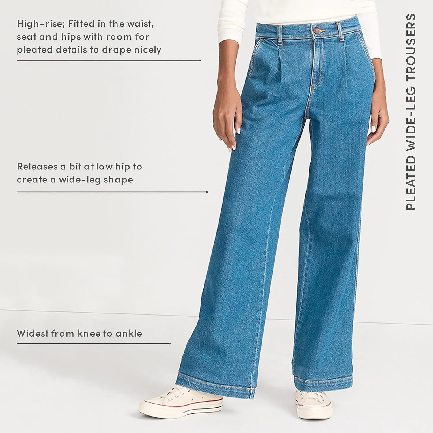 Lands' End Women's High Rise Soft Denim Pleated Wide Leg Trousers