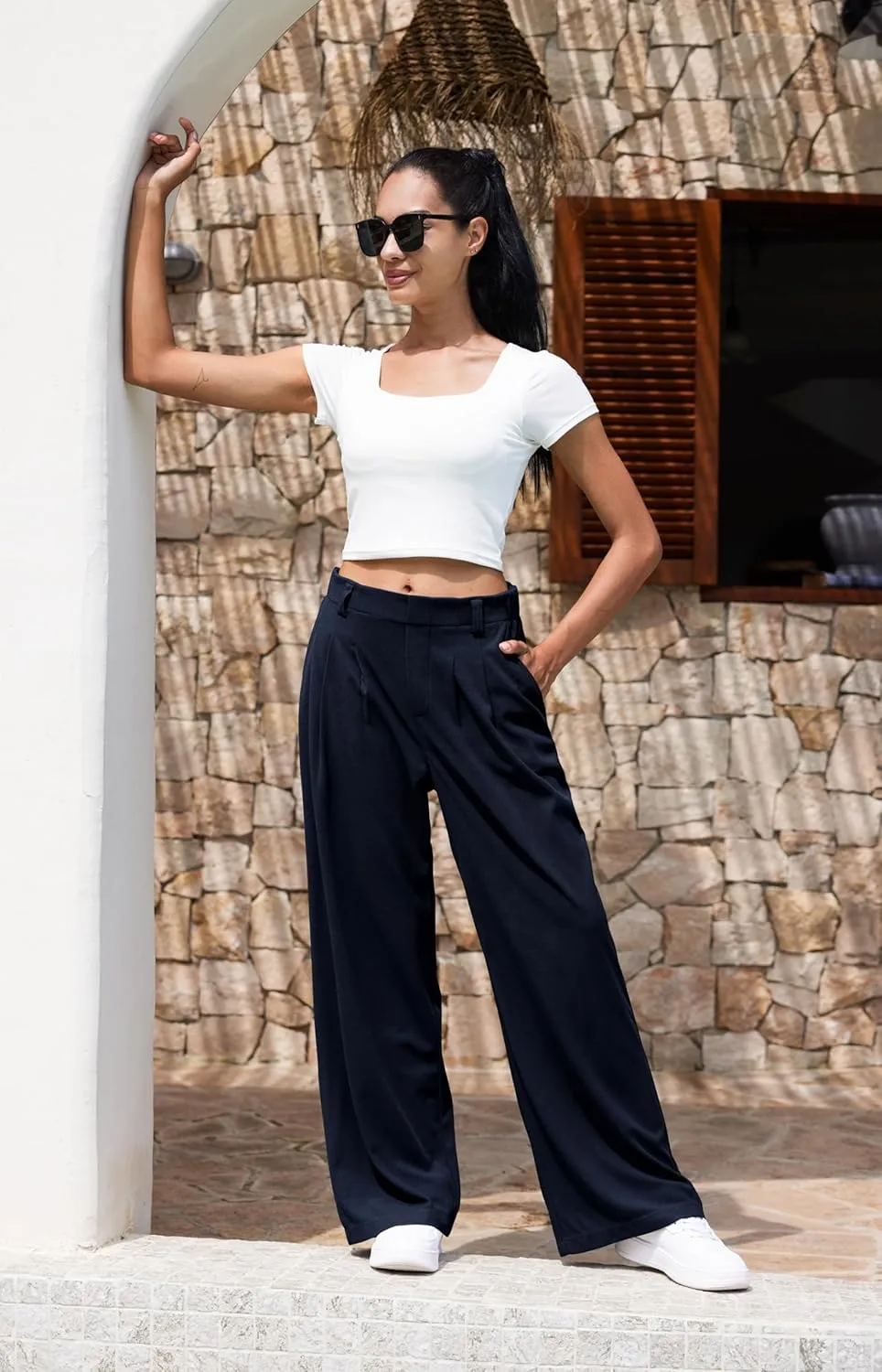 Libin Women's Casual Wide Leg Lounge Pants 27/29" High Waisted Flowy Slacks Work Dress Palazzo Pants Yoga Trousers
