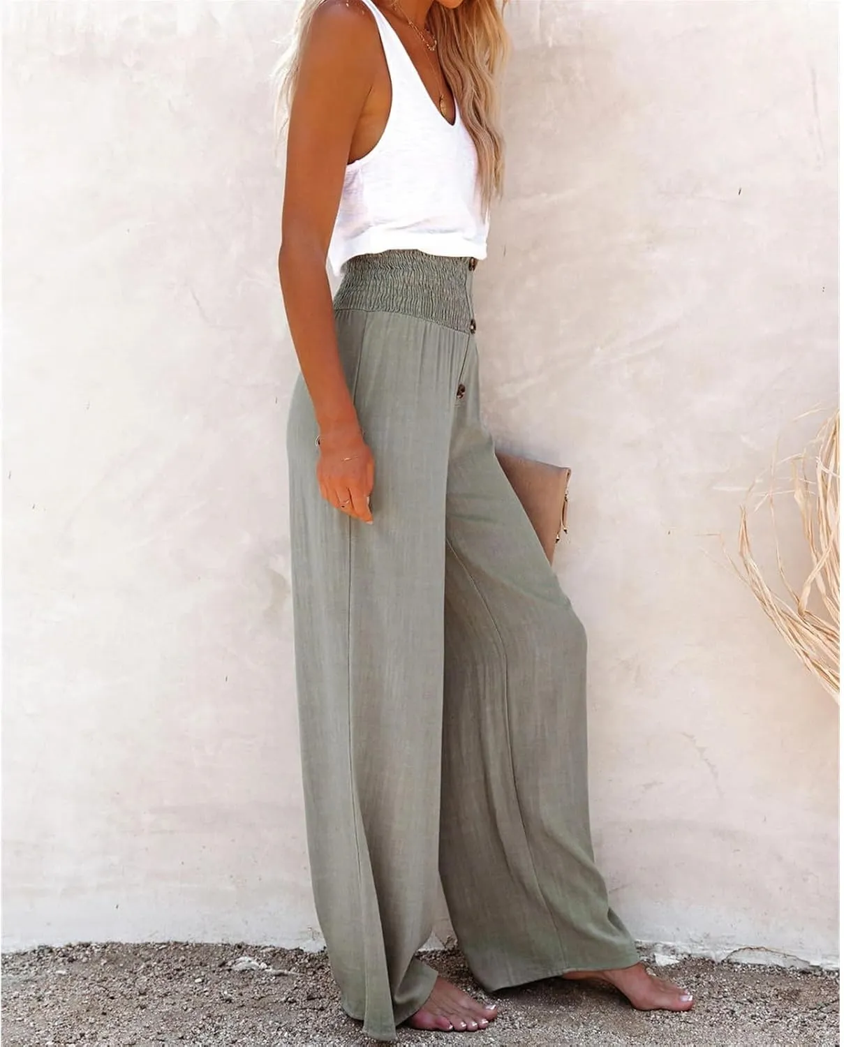 Linen Blend High Rise Smocked Pants, Women's Summer Solid High Waisted Casual Elastic Waist Wide-Leg Trousers
