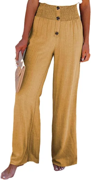 Linen Blend High Rise Smocked Pants, Women's Summer Solid High Waisted Casual Elastic Waist Wide-Leg Trousers