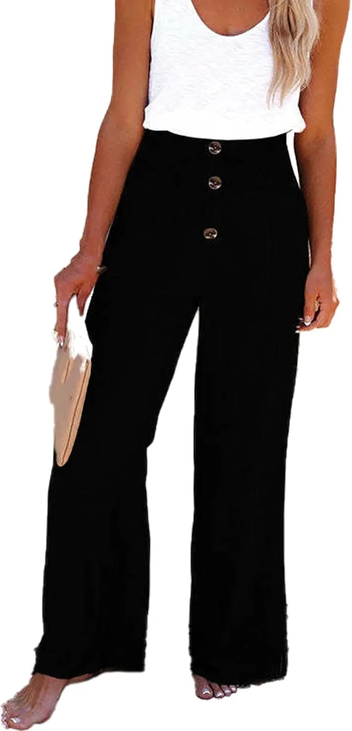 Linen Blend High Rise Smocked Pants, Women's Summer Solid High Waisted Casual Elastic Waist Wide-Leg Trousers