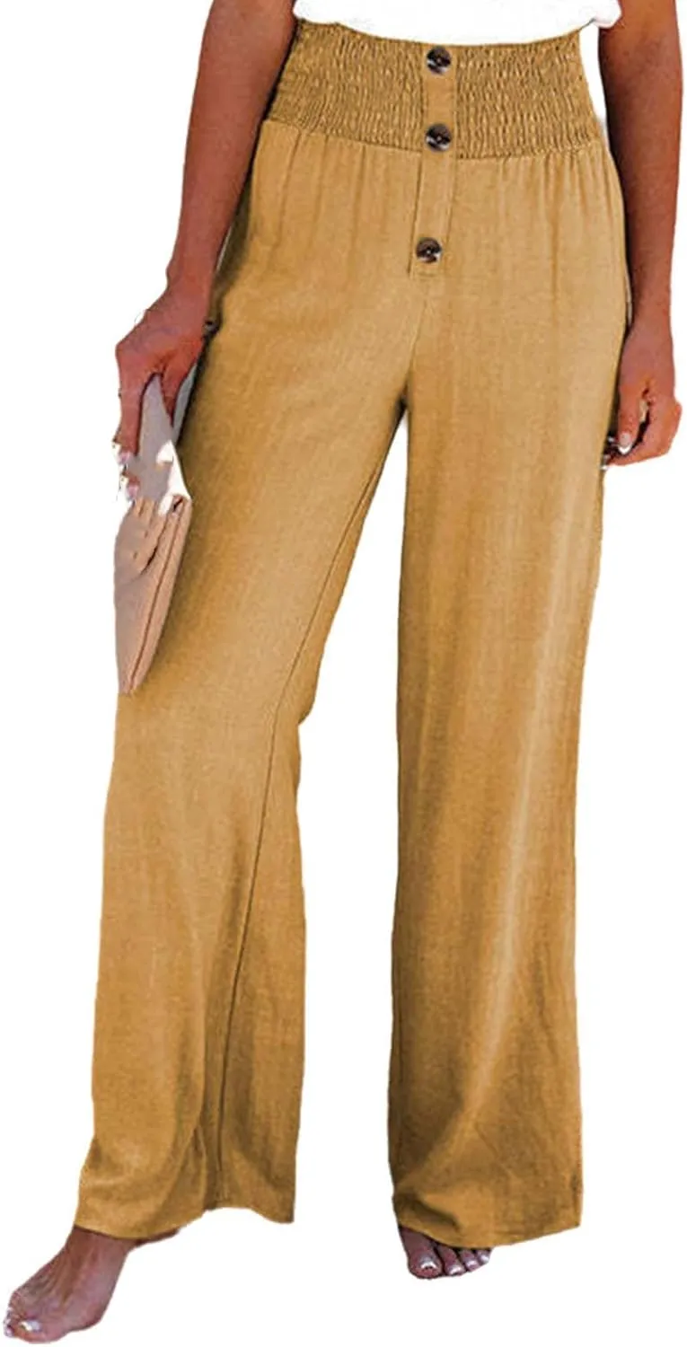 Linen Blend High Rise Smocked Pants, Women's Summer Solid High Waisted Casual Elastic Waist Wide-Leg Trousers