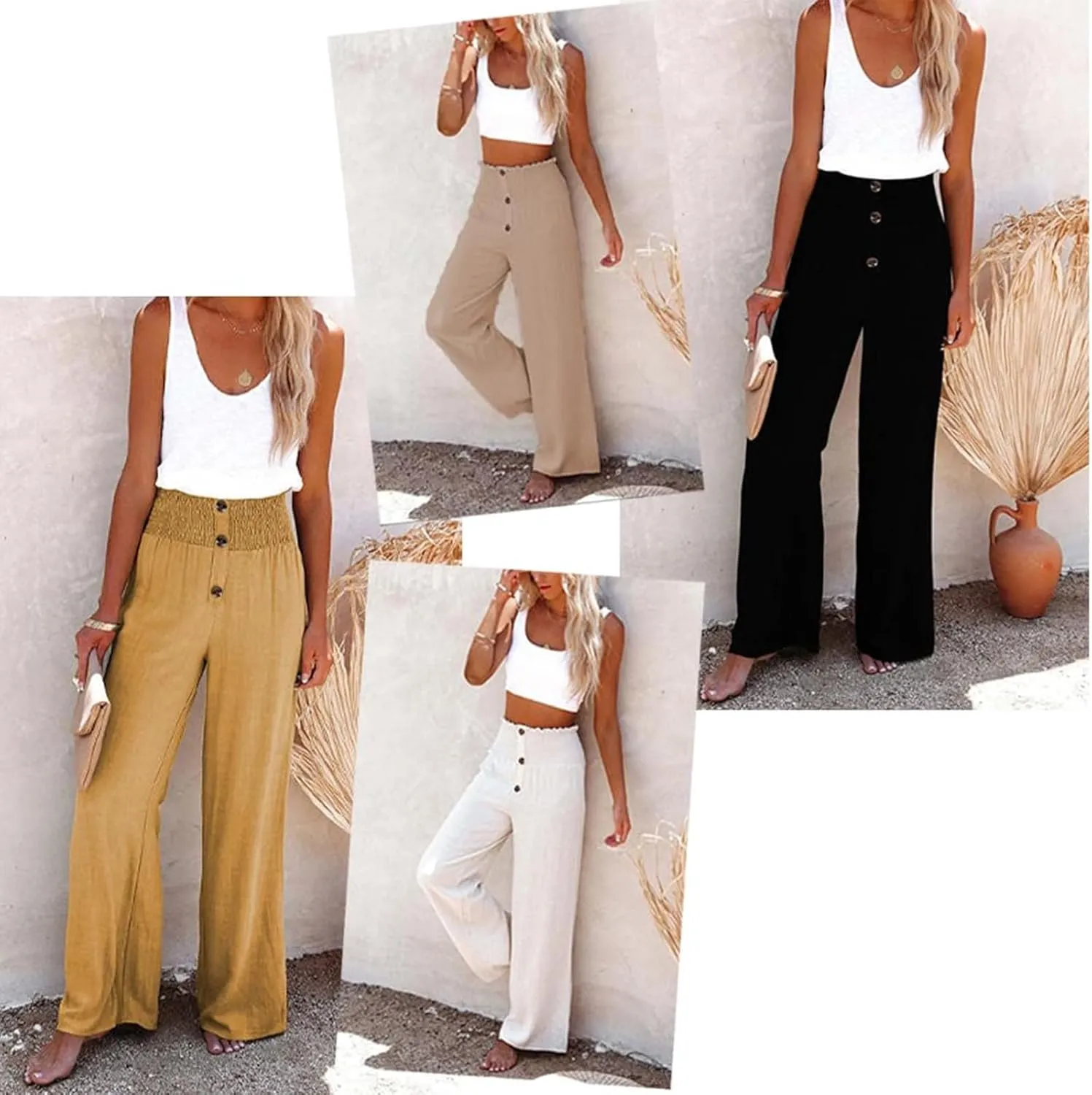 Linen Blend High Rise Smocked Pants, Women's Summer Solid High Waisted Casual Elastic Waist Wide-Leg Trousers