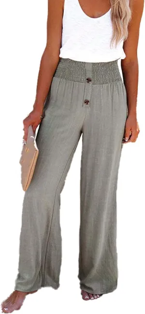 Linen Blend High Rise Smocked Pants, Women's Summer Solid High Waisted Casual Elastic Waist Wide-Leg Trousers