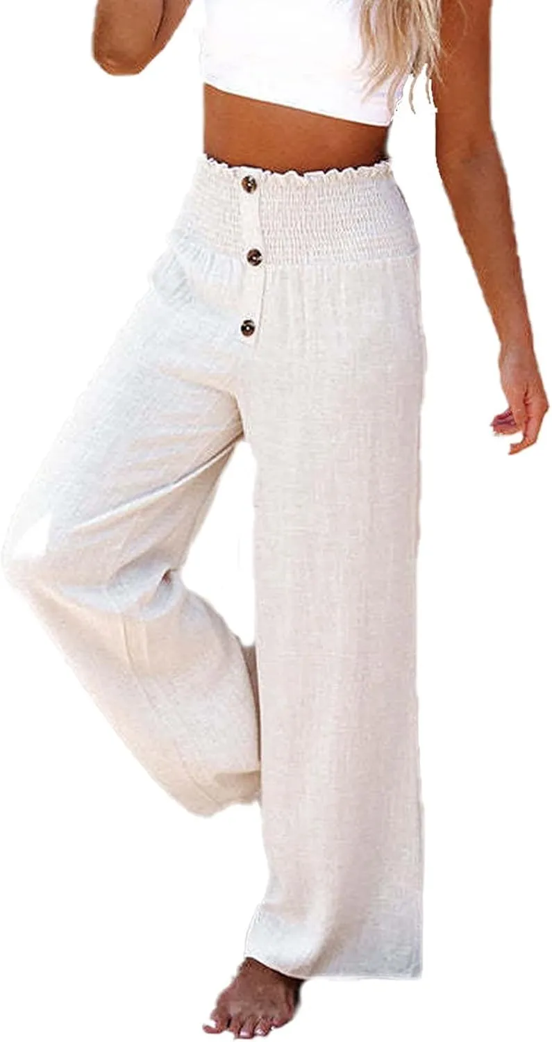 Linen Blend High Rise Smocked Pants, Women's Summer Solid High Waisted Casual Elastic Waist Wide-Leg Trousers