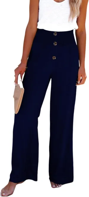 Linen Blend High Rise Smocked Pants, Women's Summer Solid High Waisted Casual Elastic Waist Wide-Leg Trousers
