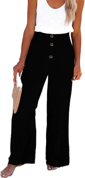 Linen Blend High Rise Smocked Pants, Women's Summer Solid High Waisted Casual Elastic Waist Wide-Leg Trousers