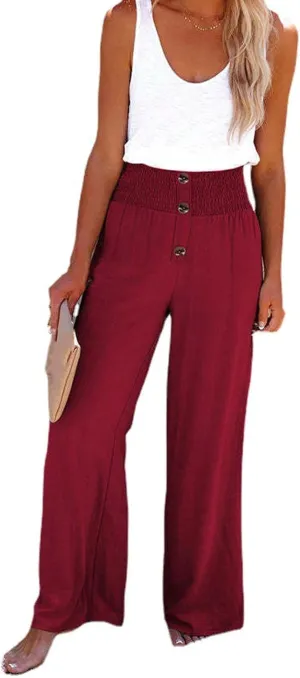 Linen Blend High Rise Smocked Pants, Women's Summer Solid High Waisted Casual Elastic Waist Wide-Leg Trousers