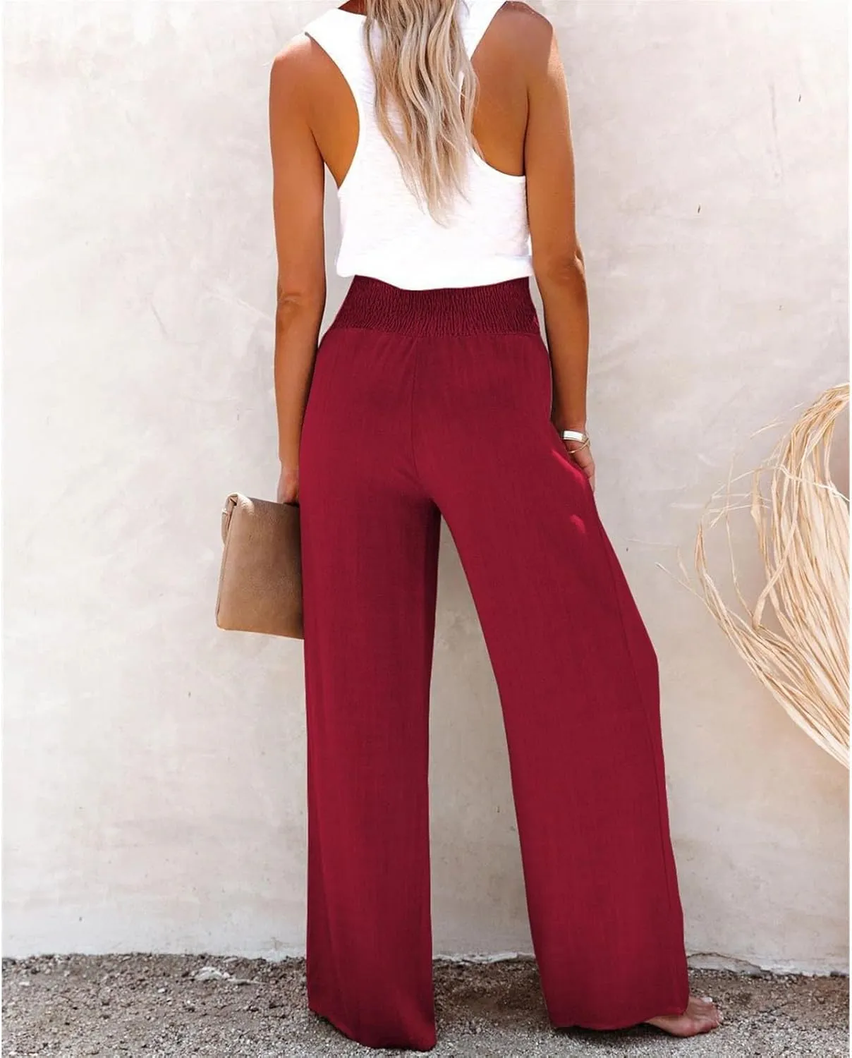 Linen Blend High Rise Smocked Pants, Women's Summer Solid High Waisted Casual Elastic Waist Wide-Leg Trousers