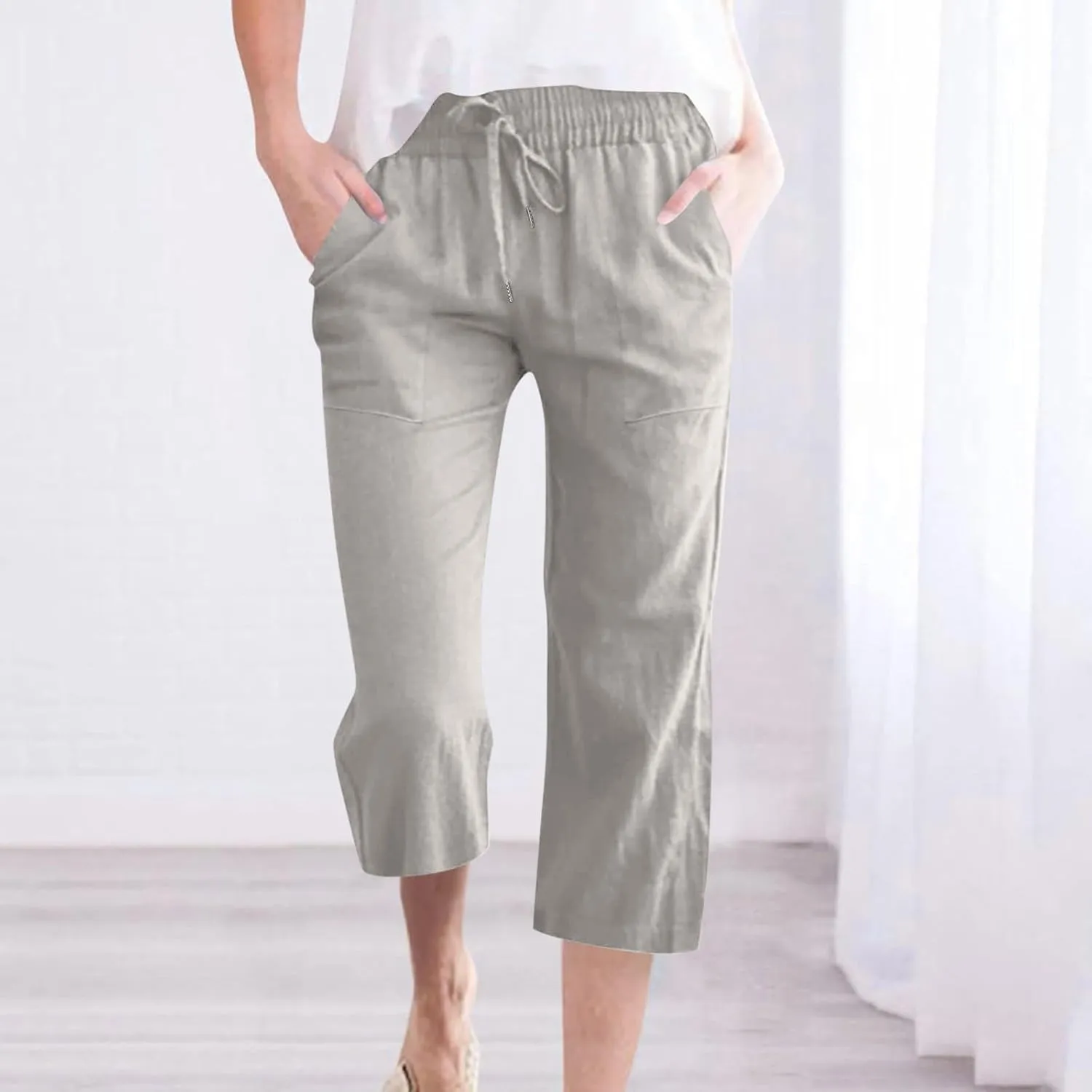 Linen Capri Pants for Women Casual Summer Capris Drawstring High Waist Pants Wide Leg Cropped Trousers with Pockets