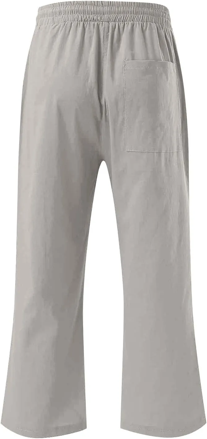 Linen Capri Pants for Women Casual Summer Capris Drawstring High Waist Pants Wide Leg Cropped Trousers with Pockets