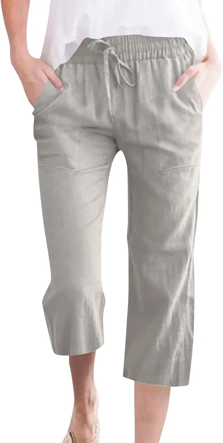 Linen Capri Pants for Women Casual Summer Capris Drawstring High Waist Pants Wide Leg Cropped Trousers with Pockets
