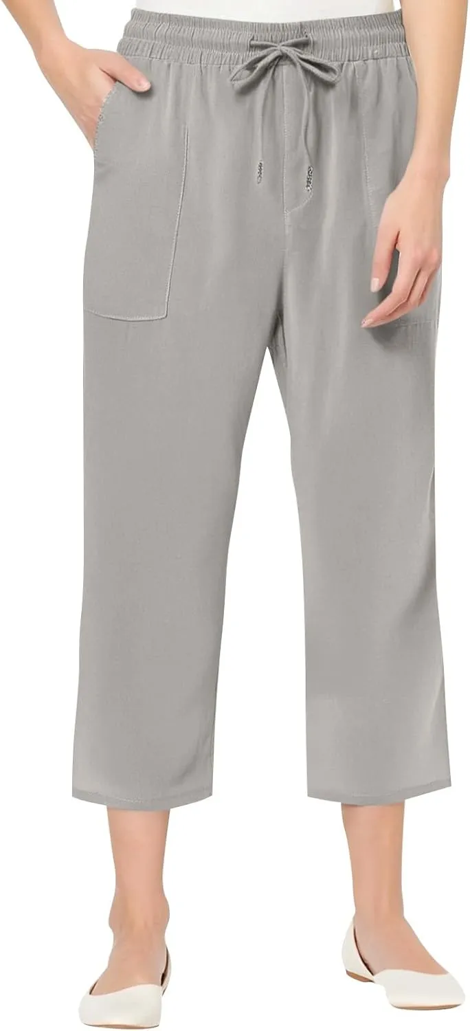 Linen Capri Pants for Women Casual Summer Capris Drawstring High Waist Pants Wide Leg Cropped Trousers with Pockets