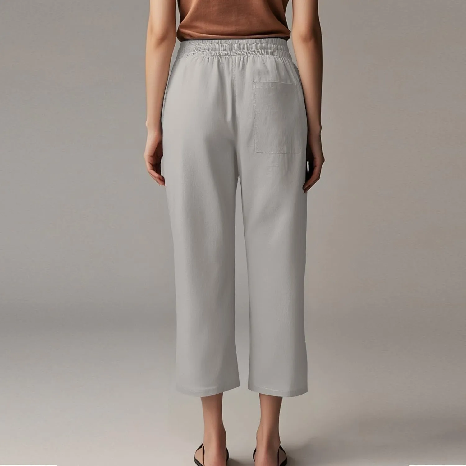 Linen Capri Pants for Women Casual Summer Capris Drawstring High Waist Pants Wide Leg Cropped Trousers with Pockets