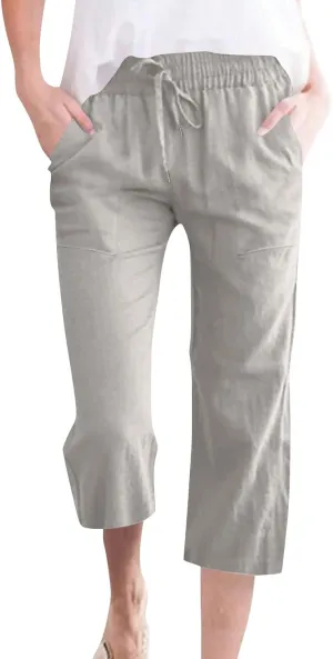 Linen Capri Pants for Women Casual Summer Capris Drawstring High Waist Pants Wide Leg Cropped Trousers with Pockets