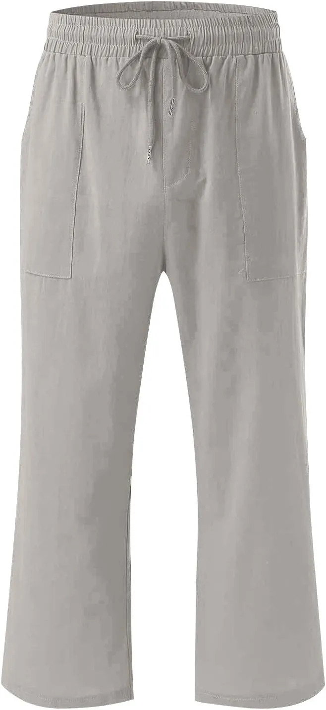 Linen Capri Pants for Women Casual Summer Capris Drawstring High Waist Pants Wide Leg Cropped Trousers with Pockets