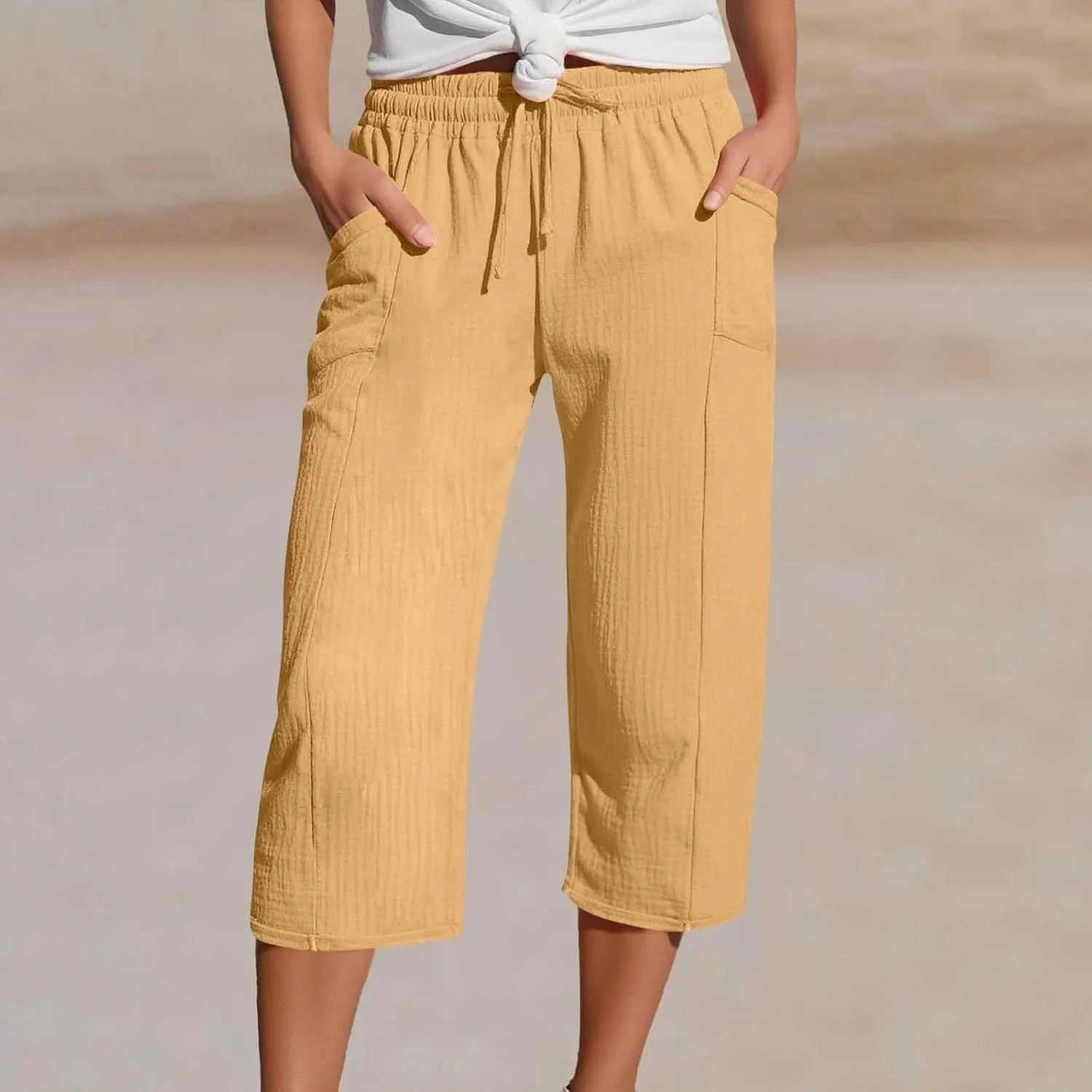 Linen Capri Pants for Women Casual Summer Drawstring Elastic High Waist Cropped Trousers Lightweight Beach Pants