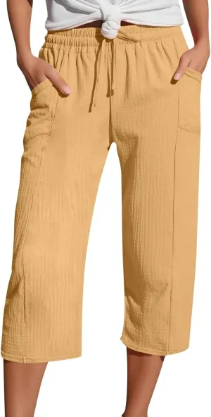 Linen Capri Pants for Women Casual Summer Drawstring Elastic High Waist Cropped Trousers Lightweight Beach Pants