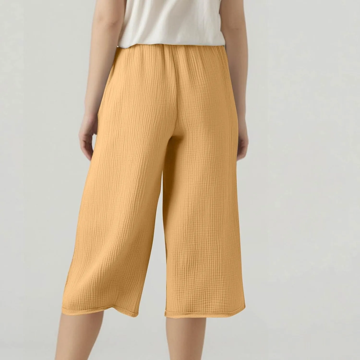 Linen Capri Pants for Women Casual Summer Drawstring Elastic High Waist Cropped Trousers Lightweight Beach Pants