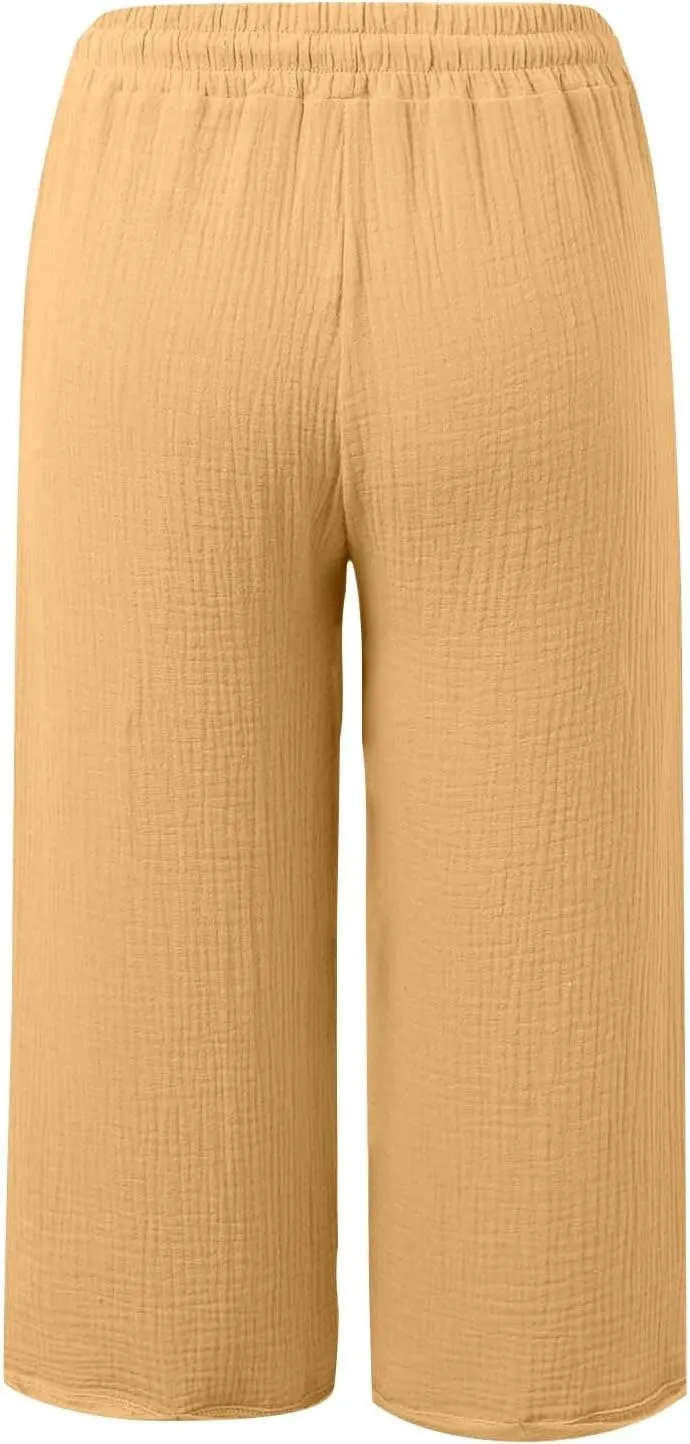 Linen Capri Pants for Women Casual Summer Drawstring Elastic High Waist Cropped Trousers Lightweight Beach Pants