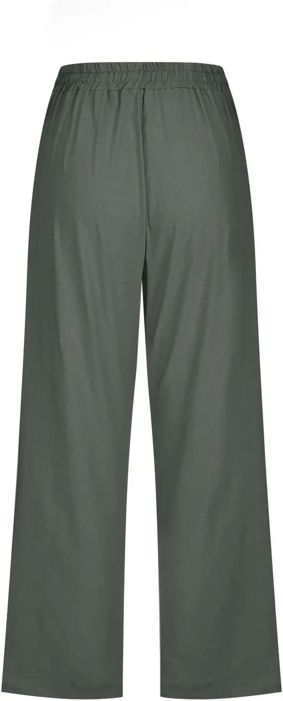 Linen Capri Pants for Women Cotton Casual Summer Capris Drawstring High Waist Pants Wide Leg Cropped Trousers