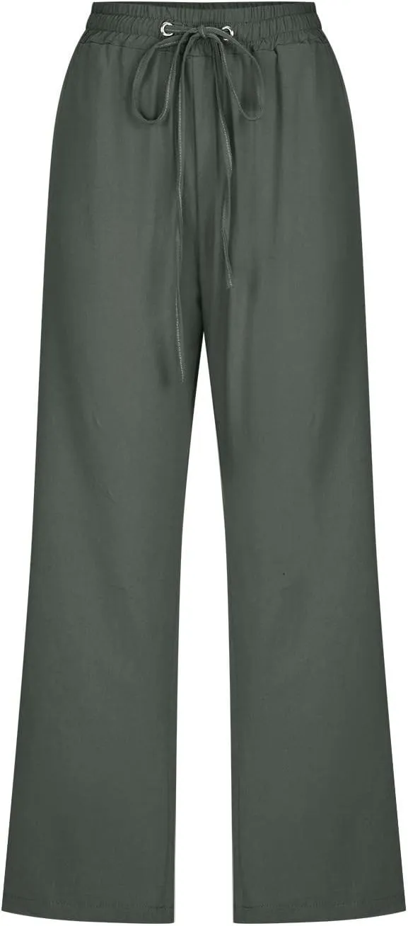 Linen Capri Pants for Women Cotton Casual Summer Capris Drawstring High Waist Pants Wide Leg Cropped Trousers