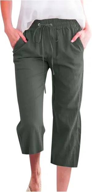 Linen Capri Pants for Women Cotton Casual Summer Capris Drawstring High Waist Pants Wide Leg Cropped Trousers