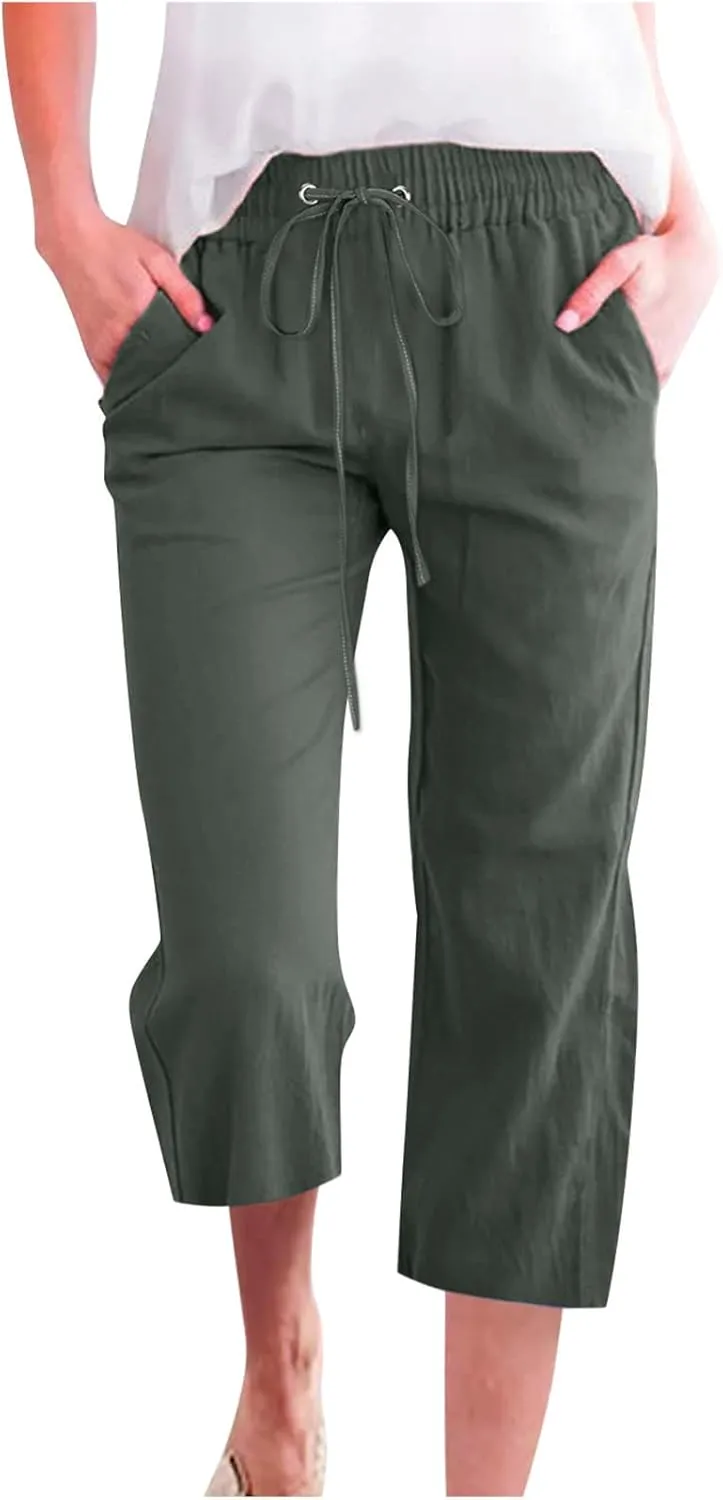Linen Capri Pants for Women Cotton Casual Summer Capris Drawstring High Waist Pants Wide Leg Cropped Trousers