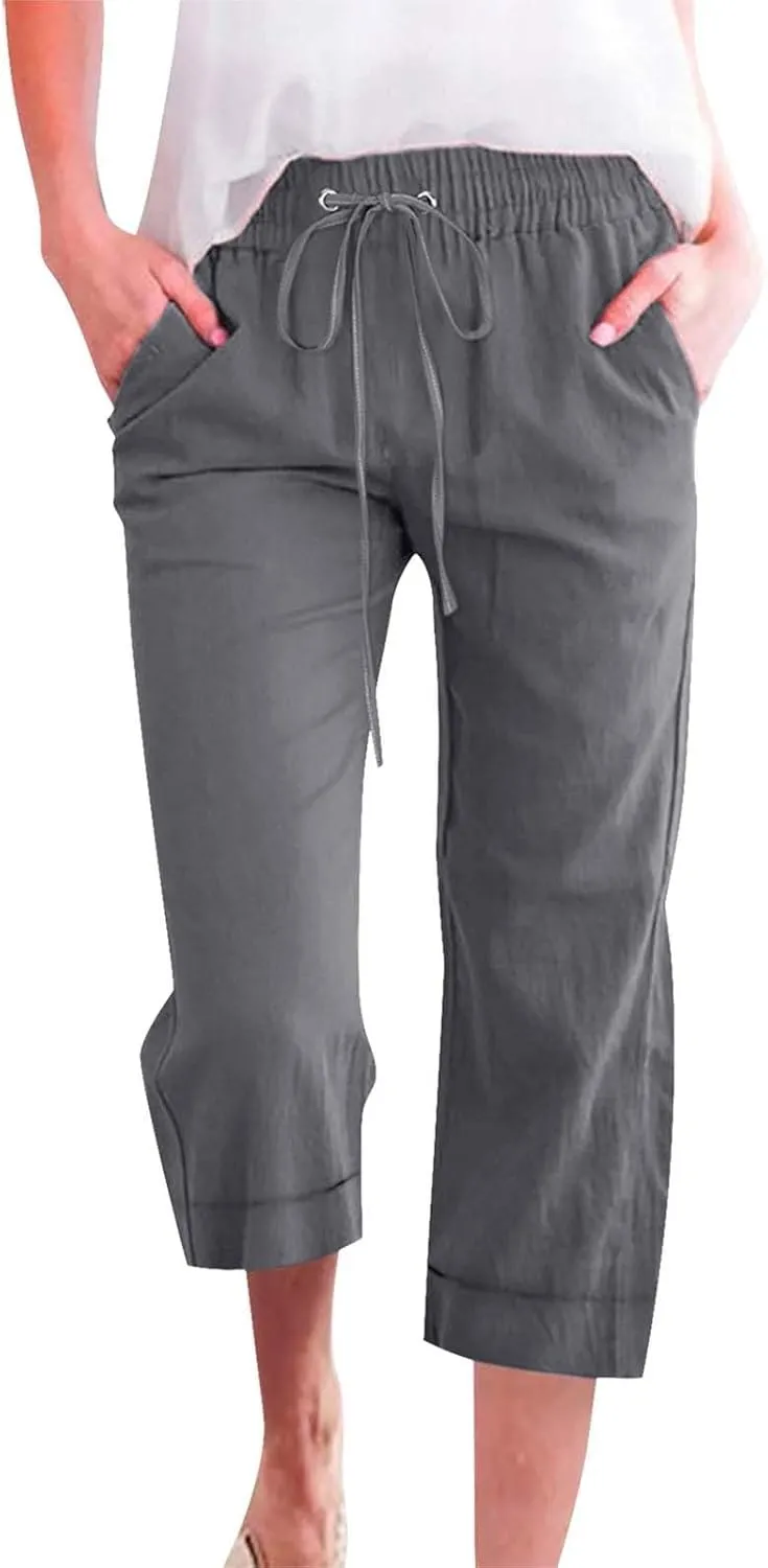Linen Capri Pants for Women Cotton Casual Summer Capris High Waist Wide Leg Loose Drawstring Elastic Cropped Trousers