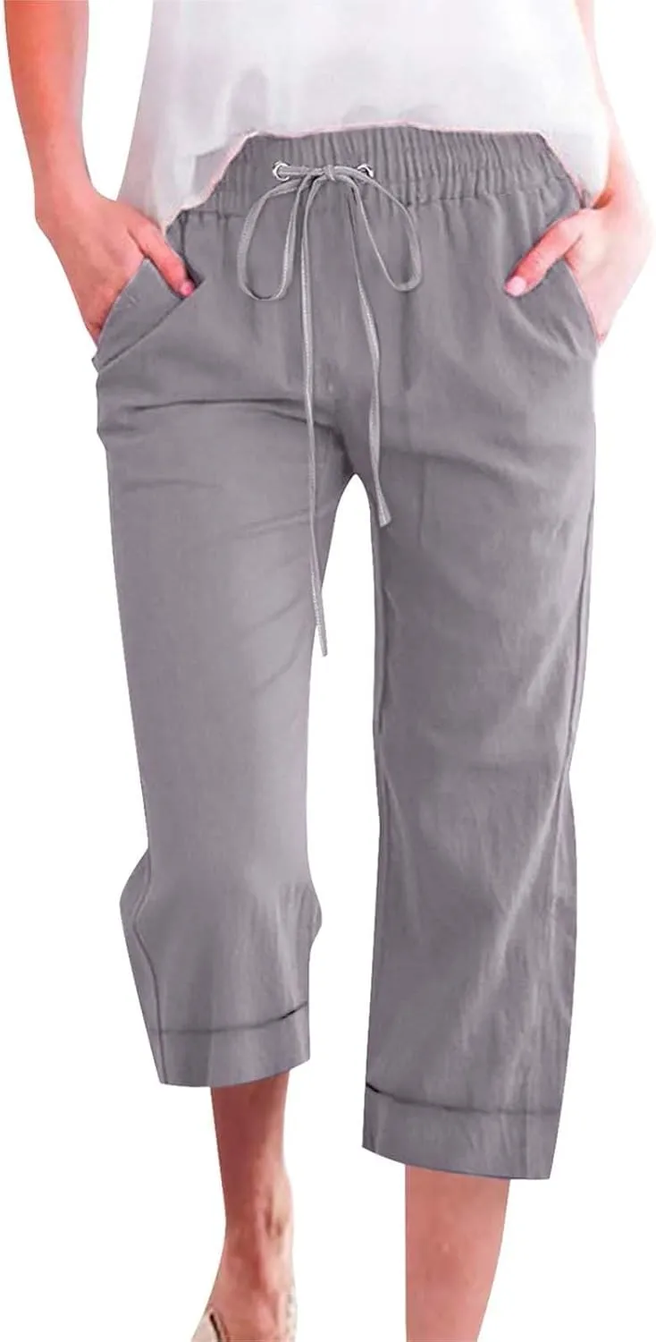 Linen Capri Pants for Women Cotton Casual Summer Capris High Waist Wide Leg Loose Drawstring Elastic Cropped Trousers