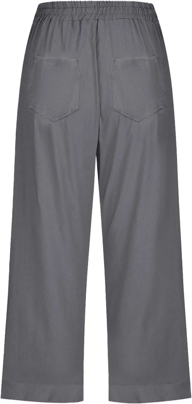 Linen Capri Pants for Women Cotton Casual Summer Capris High Waist Wide Leg Loose Drawstring Elastic Cropped Trousers