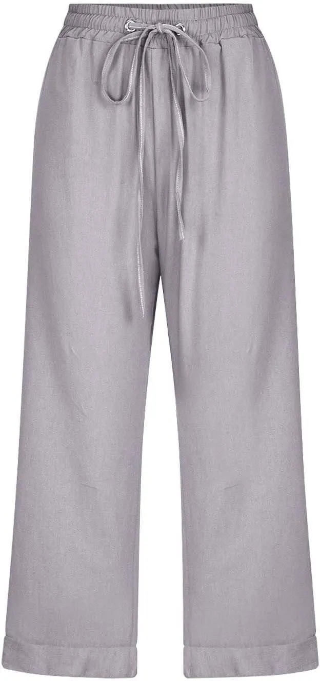Linen Capri Pants for Women Cotton Casual Summer Capris High Waist Wide Leg Loose Drawstring Elastic Cropped Trousers