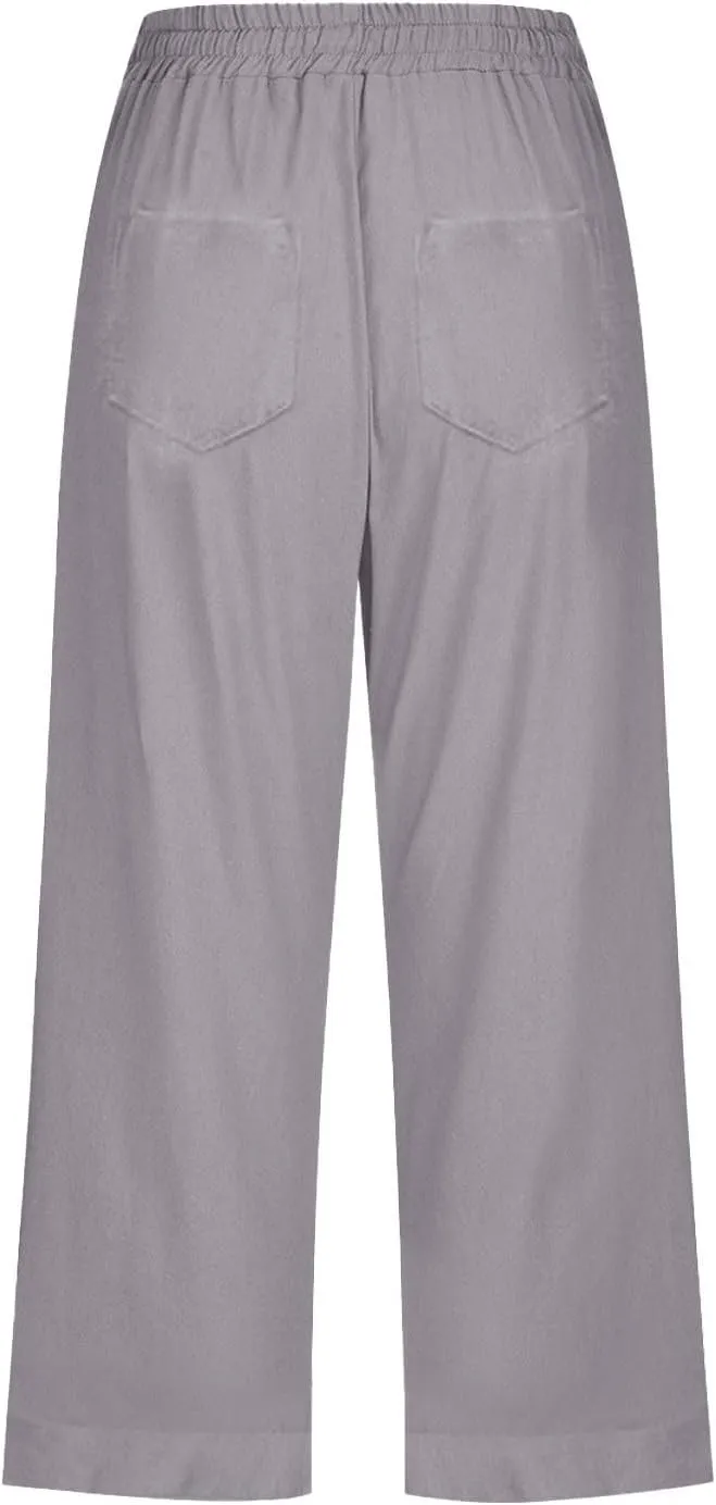 Linen Capri Pants for Women Cotton Casual Summer Capris High Waist Wide Leg Loose Drawstring Elastic Cropped Trousers