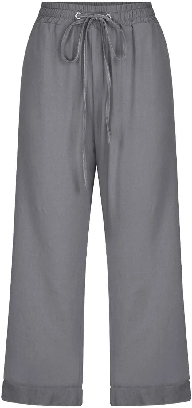 Linen Capri Pants for Women Cotton Casual Summer Capris High Waist Wide Leg Loose Drawstring Elastic Cropped Trousers