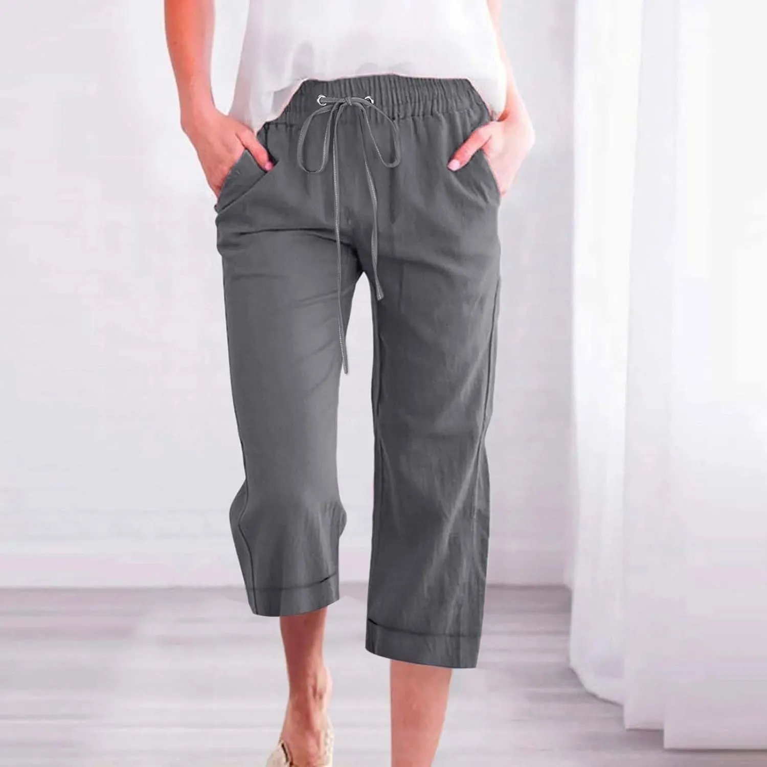 Linen Capri Pants for Women Cotton Casual Summer Capris High Waist Wide Leg Loose Drawstring Elastic Cropped Trousers