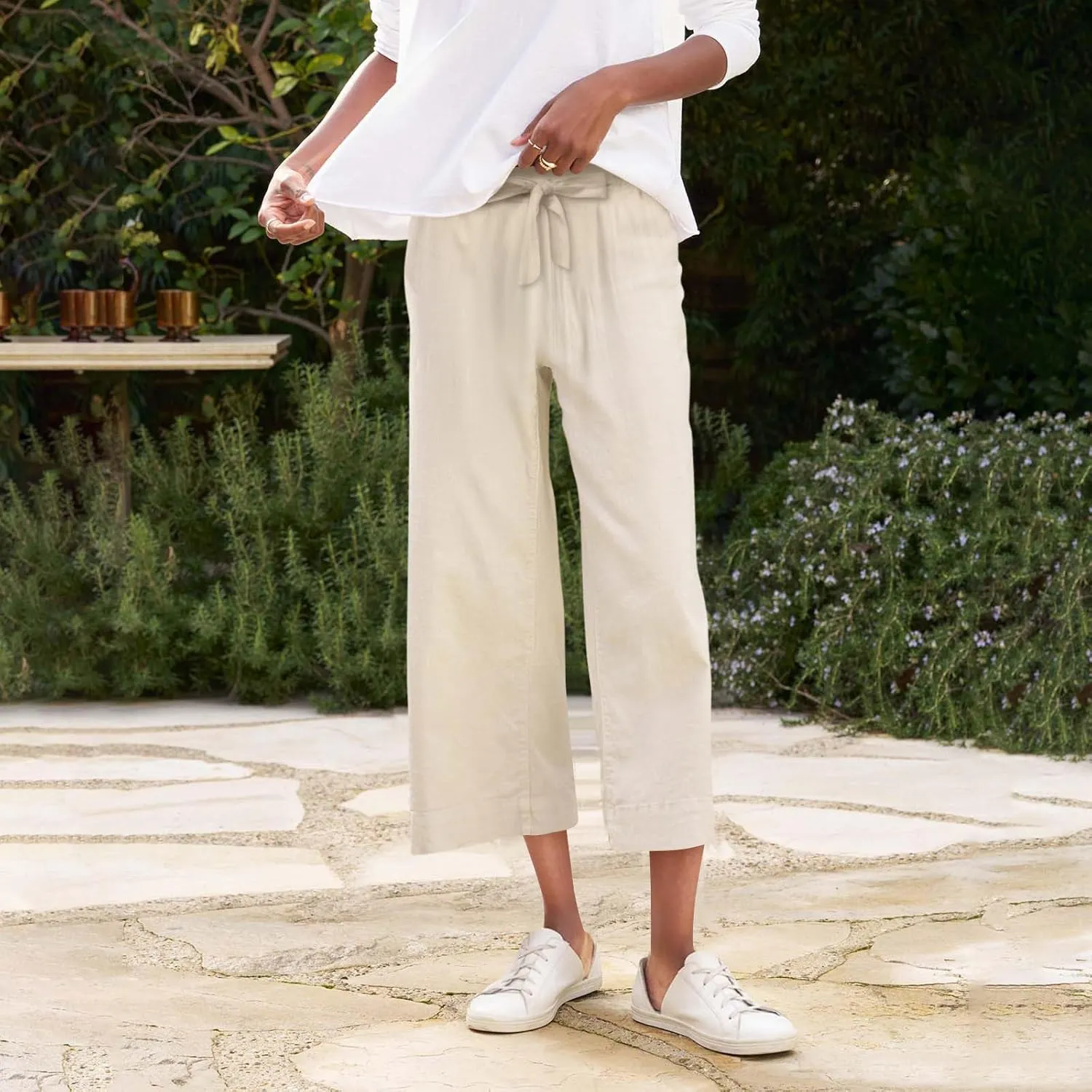 Linen Capri Pants for Women High Waisted Cropped Wide Leg Summer Pants Business Casual Baggy Work Trousers with Tie