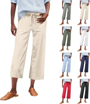 Linen Capri Pants for Women High Waisted Cropped Wide Leg Summer Pants Business Casual Baggy Work Trousers with Tie