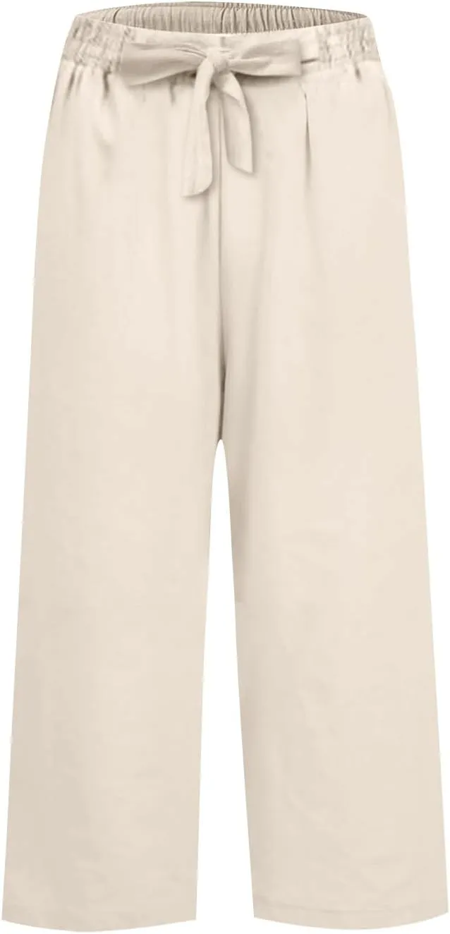 Linen Capri Pants for Women High Waisted Cropped Wide Leg Summer Pants Business Casual Baggy Work Trousers with Tie