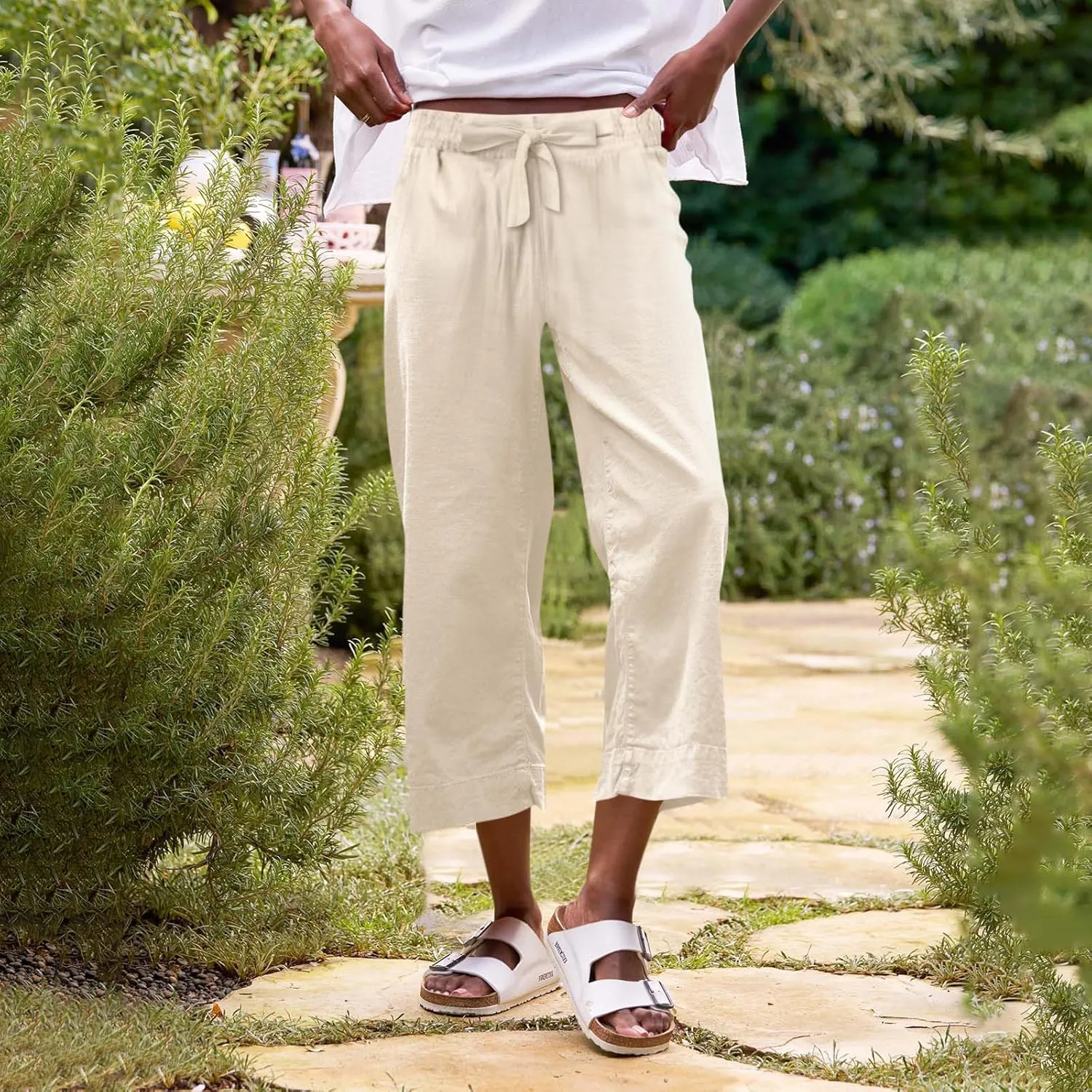 Linen Capri Pants for Women High Waisted Cropped Wide Leg Summer Pants Business Casual Baggy Work Trousers with Tie