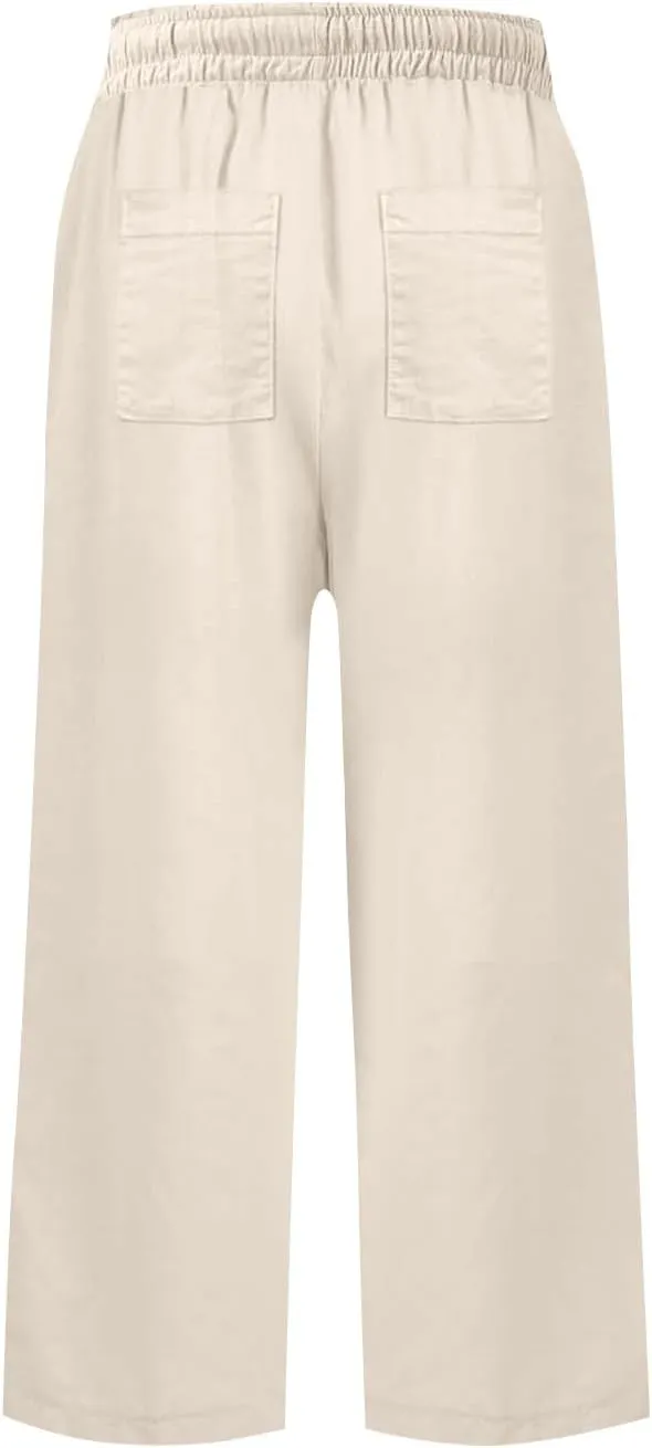 Linen Capri Pants for Women High Waisted Cropped Wide Leg Summer Pants Business Casual Baggy Work Trousers with Tie