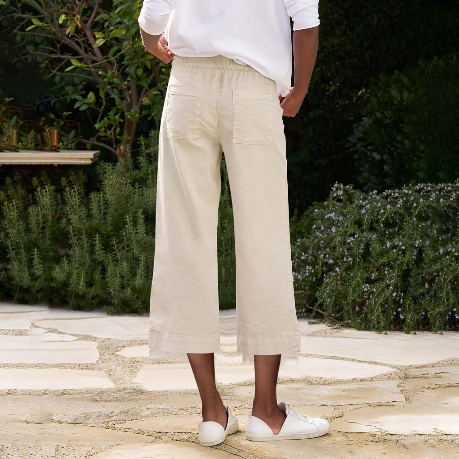 Linen Capri Pants for Women High Waisted Cropped Wide Leg Summer Pants Business Casual Baggy Work Trousers with Tie
