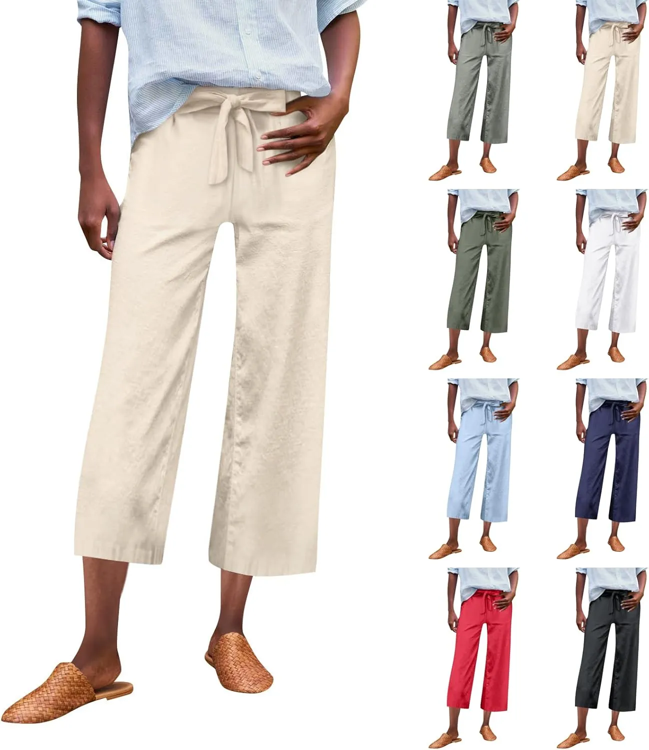Linen Capri Pants for Women High Waisted Cropped Wide Leg Summer Pants Business Casual Baggy Work Trousers with Tie